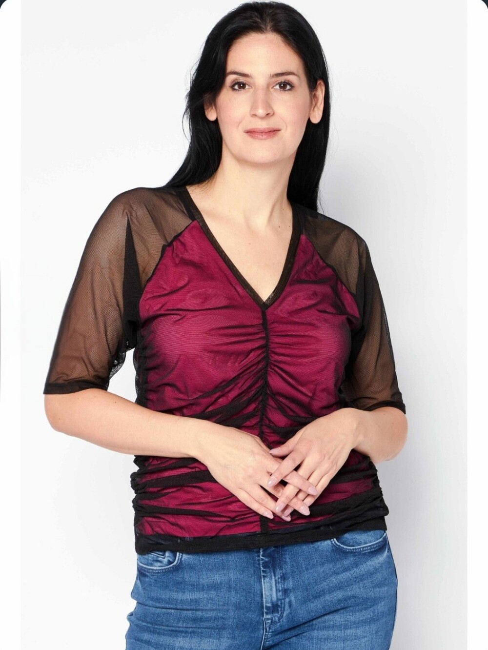 DKNY Sheer Mesh Ruched V-Neck Top In Black Power Pink